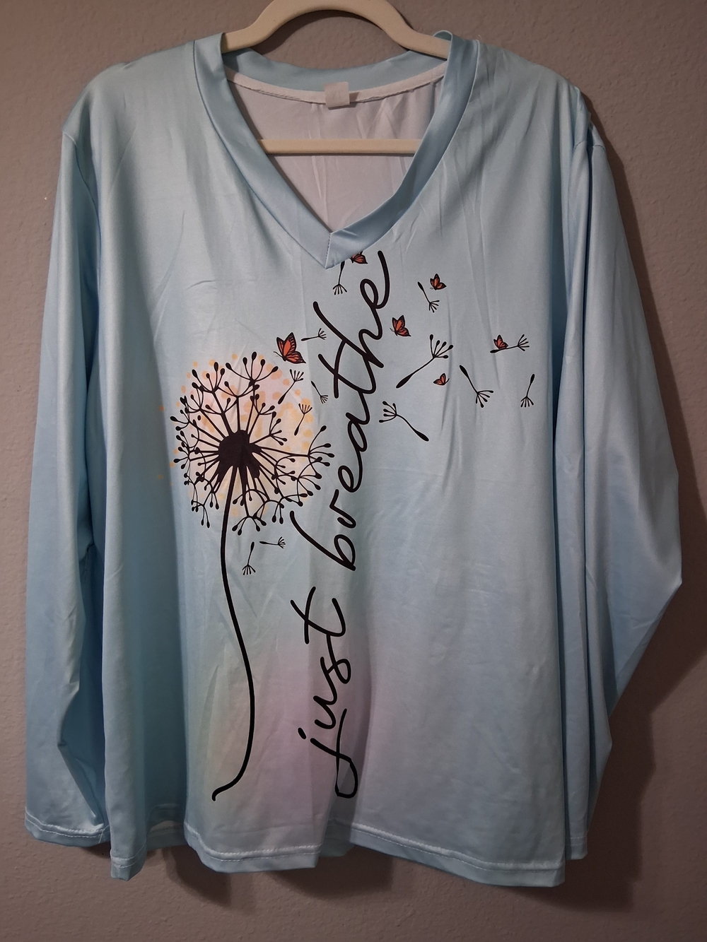 Light Blue "Just Breathe" V-Neck Women's Top